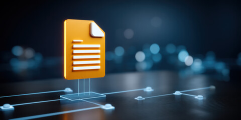 Data file icon glowing above circuit board network in blue digital environment