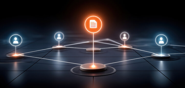 Data network connection glowing document icon with user nodes sharing information - Powered by Adobe