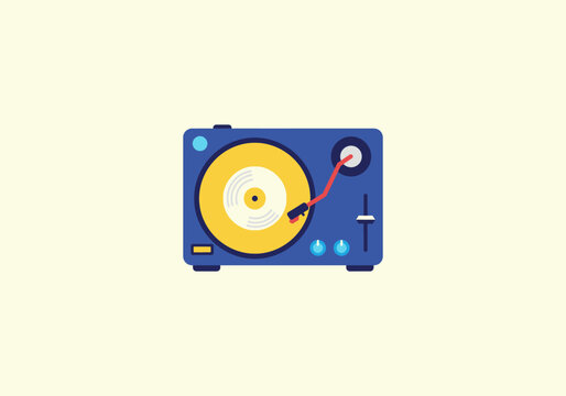 Vector Flat Concept Flat Vector Illustration of a Blue and Yellow Vinyl Record Turntable.