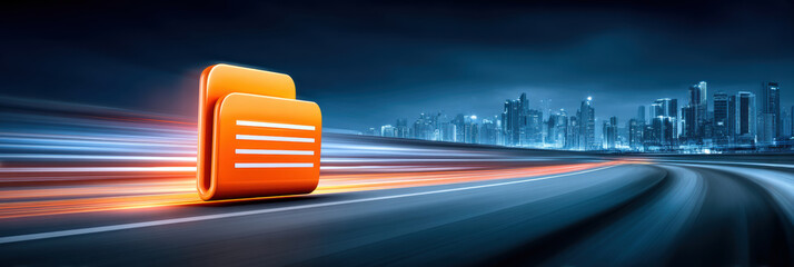 Data glowing orange folder icon racing along futuristic highway with city skyline at night