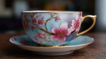 Bright blue tea cup with pink flowers placed on a wooden surface capturing details of floral design and fine craftsmanship
