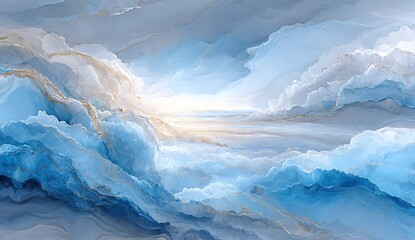 Abstract cloudscape artwork with soft blue and beige hues atmospheric and ethereal