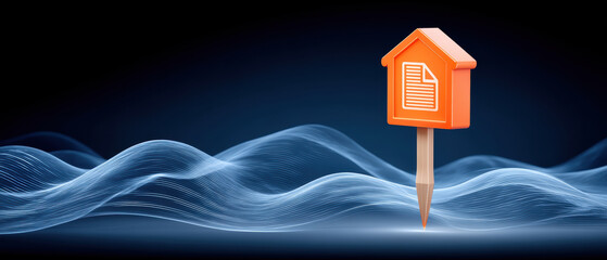 Data driven home concept with flowing wave lines and document pin symbol conveying insight