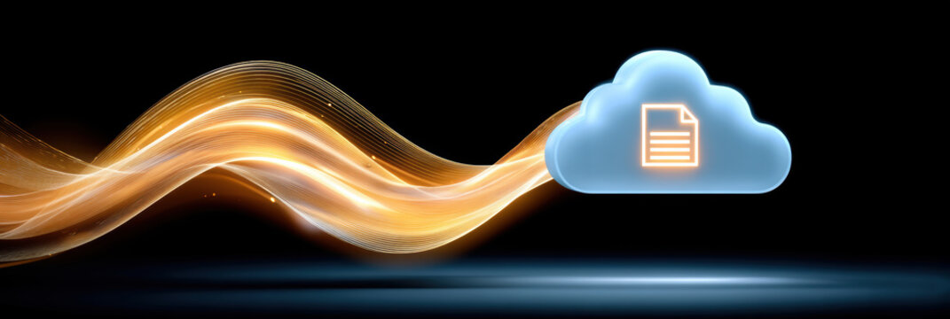 Data flowing to cloud storage file icon with glowing wave motion and futuristic light trail - Powered by Adobe