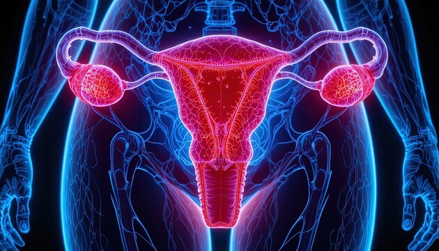 Detailed human female reproductive system with glowing pink uterus and ovaries