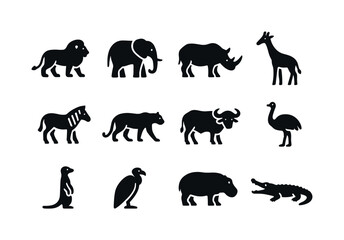 Fototapeta premium African Wildlife Icons. African Wildlife. Solid icon set of African Wildlife: lion, elephant, rhino, giraffe, zebra, leopard, buffalo, ostrich,
