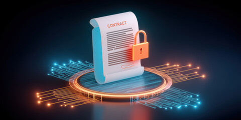Data secure digital contract with padlock on glowing circuit platform conveying protection
