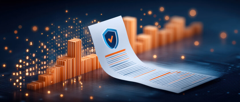 Data secure document with compliance shield icon and rising digital bar chart evoking trust - Powered by Adobe