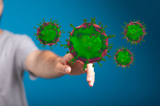 Illustration of a hand interacting with a 3D model of a virus, representing the spread of disease and the coro