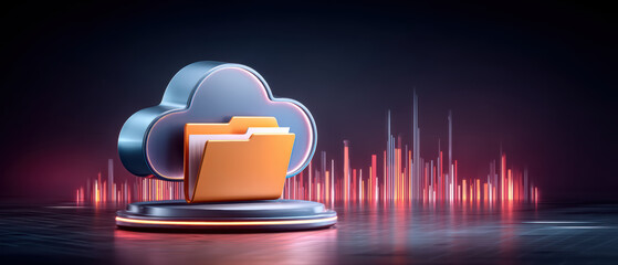Cloud storage folder with data visualization and glowing bars representing digital backup