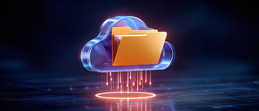 Data cloud folder glowing digital file transfer concept with neon lights and streaming - Powered by Adobe