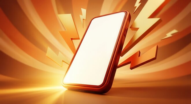 Modern smartphone with blank screen surrounded by glowing lightning bolts, representing fast charging or powerful technology.