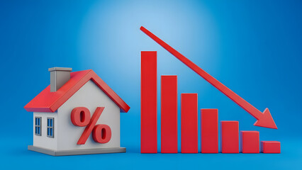 A miniature house with a percentage sign next to a declining red bar chart and a downward arrow, symbolizing a fall in real estate or interest rates.