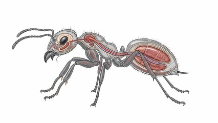 A detailed illustration showcasing the internal anatomy and organ systems of an ant, including the head, thorax, and abdomen structures, on a white background.