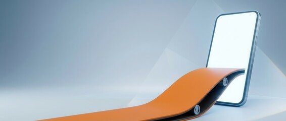 Modern smartphone with vibrant orange conveyor belt entering screen, illustrating digital workflow and data transfer.