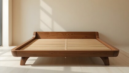 Modern wooden bed frame in minimalist room with natural light