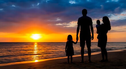 Fototapeta premium Family silhouettes watching sunset on beach. Parents with children enjoying golden hour by ocean waves. Vacation memories and togetherness concept.