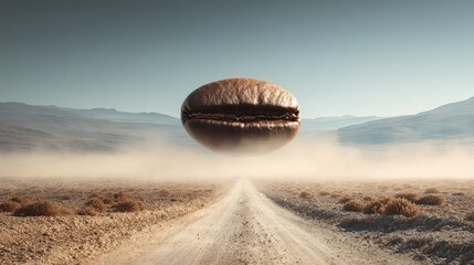 Large coffee bean floats above dusty road in open landscape with mountains in background during daylight