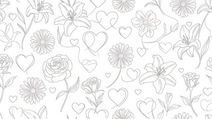 Fototapeta premium Delicate floral pattern with hearts a grayscale botanical illustration