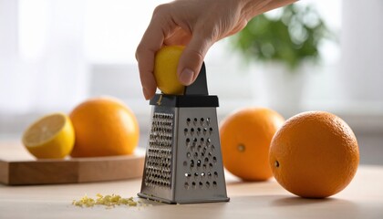 Hand grating yellow lemon zest onto wooden cutting board with oranges and grater in bright kitchen setting natural light illuminating citrus fruits and preparation tools