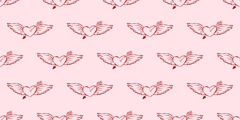 Valentine doodle cupid tattoo whimsical seamless pattern heart retro details. Designed for wedding or engagement stationery, cute bridal decor