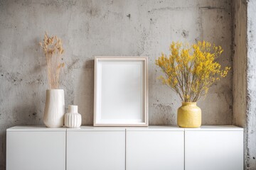 Blank picture frame and dried floral arrangements displayed on a modern white cabinet against a textured concrete wall