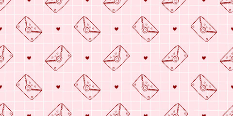 Charming seamless pattern with love letters and tiny hearts on a soft pink grid, perfect for Valentine cards, romantic stationery, gift wrap and sweet decorative designs