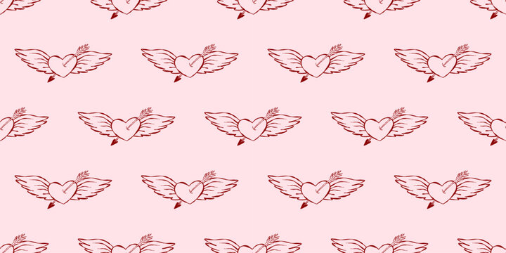 Valentine doodle cupid tattoo whimsical seamless pattern heart retro details. Designed for wedding or engagement stationery, cute bridal decor