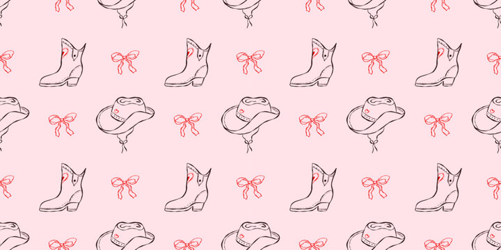 Wedding whimsical seamless pattern with cowgirl boots, western cowboy hats and cute bows on pink background. Perfect for wedding, bachelorette decor, party invitations, packaging with romantic charm