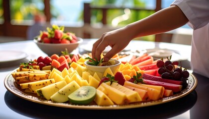 Hand Reaching For Fruit Platter At Outdoor Brunch With Strawberries Melon Grapes And Kiwi Sliced Colorful Refreshing Healthy