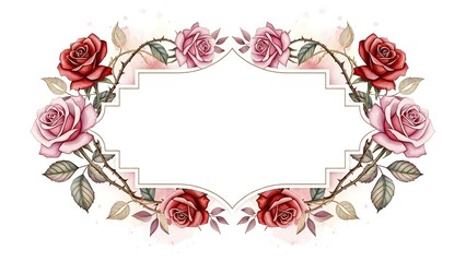 Watercolor roses form an ornate frame with delicate pink and red blooms