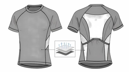 Technical flat sketch of a short-sleeved athletic t-shirt with mesh inserts and breathable fabric diagram, showing front and back views for apparel design templates.