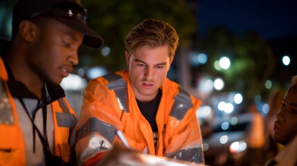 Fototapeta premium A team of emergency responders in reflective vests collaborates on the scene of an incident, coordinating efforts to assist civilians while highlighting the importance of safety gear in their