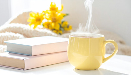 Yellow mug of coffee with books and yellow flowers