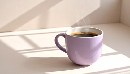 Purple coffee mug with steam and window shadows
