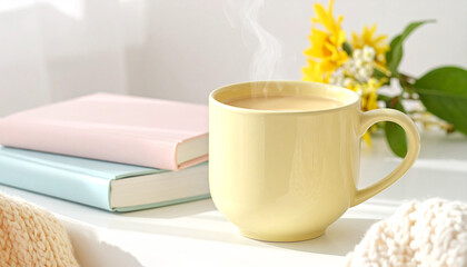 Cozy morning coffee in yellow mug with flowers and books