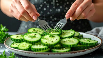 Close up of Person Preparing Fresh Sliced Cucumber Salad Sprinkled With Herbs And Spices In A Bowl With Forks And Dark Polka Dot Apron