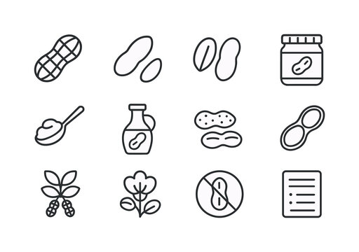 Peanut Icons Collection. Peanuts. Line icon set of Peanuts: peanut shell, shelled peanut, peanut halves, peanut butter jar, spoon with peanut butter, peanut