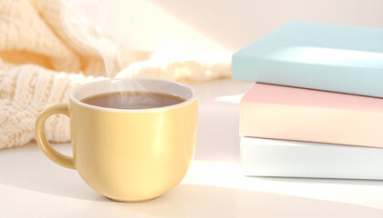 Steaming yellow coffee mug with pastel books and blanket