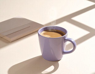 Purple latte mug with steam and notebook shadows