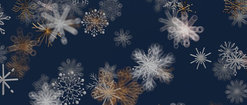 Abstract snowflake pattern in white and gold on a navy blue background suitable for holiday designs and winter - Powered by Adobe
