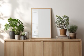 Vertical picture frame mockup stands on wooden furniture surrounded by potted house plants