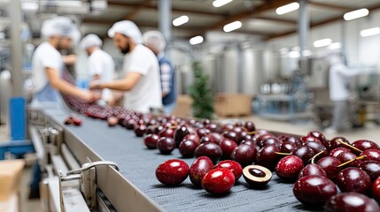Workers sort green olives on a conveyor belt at an olive processing facility during the afternoon hours of the day