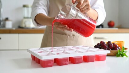 Hand Pouring Red Liquid From Pitcher Into Ice Cube Tray With Grapes And Orange Slice In Kitchen Counter Background