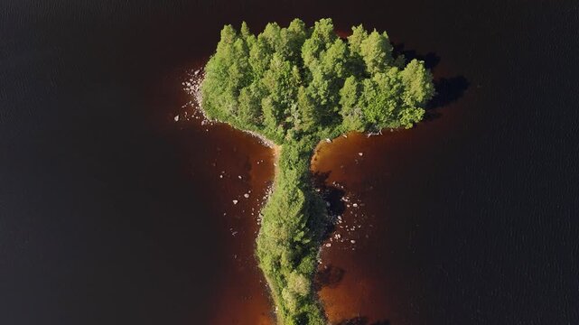 Lake island with colorful shoreline and green trees viewed from above, Northern Europe