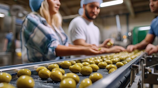 Workers sort green olives on a conveyor belt at an olive processing facility during the afternoon hours of the day - Powered by Adobe