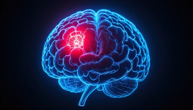 Glowing blue brain with red neural activity focus - Powered by Adobe