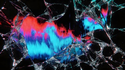Abstract heart shape on broken screen digital glitch art vibrant neon colors red and cyan on black background