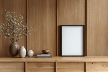 Minimalist interior design composition featuring blank picture frame and ceramic vases against wood paneling