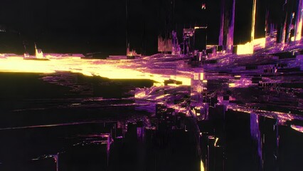 Digital data stream abstract neon glowing urban landscape futuristic cityscape dark background with purple and yellow light trails
